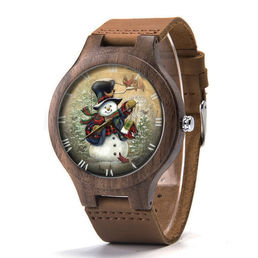 Vintage Snowman Wood Leather Watch, Snowman Wood Watch, Christmas Watch, Man Size Watch, Snowman Jewelry, Snowman Gift, Christmas Gift