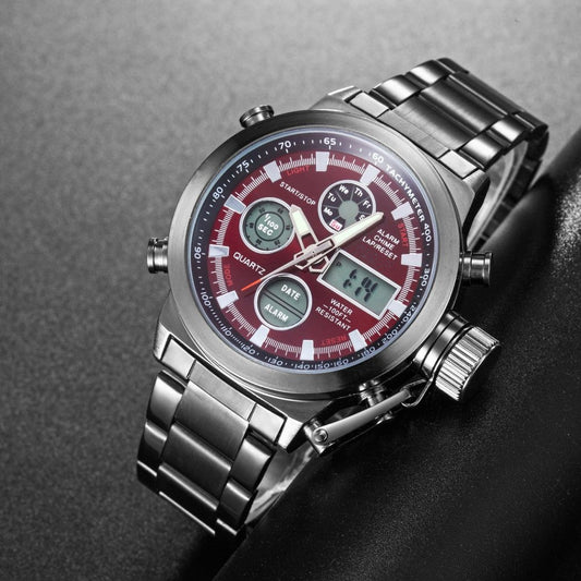 Men’s Stainless Steel Electronic Dual Display Waterproof Quartz Wristwatch