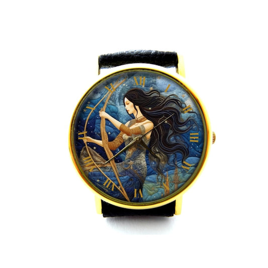 Huntress Artemis Against Starry Sky Leather Watch, Art watch, Unisex Watch, Ladies Watch, Mens Watch, Personalized Watch