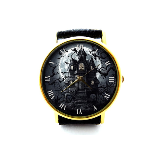 Scary House Leather Watch, Horror House Watch, Bat Moon Watch, Unisex Watch, Scary Jewelry