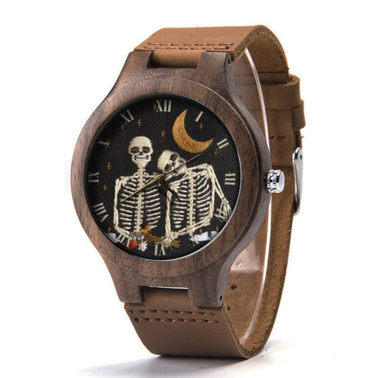 Embroidery Effect Print Skull Lover Wood Leather Watch, Skull Lover Wood Watch, Man Size Watch, Not Real Embroidery, It's Flat Printing