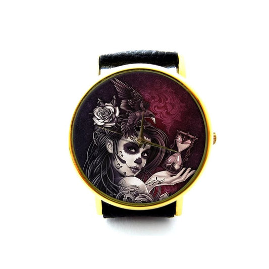 Sugar Skull Girl with Bird Leather Watch, Tattoo Style Ladies Watch, Unisex Watch, Sugar Skull Jewelry