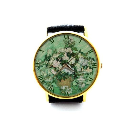 Still Life, Vase with Pink Roses Vincent Van Gogh Leather Watch, Pink Roses Ladies Watch, Unisex Watch, Van Gogh Jewellery